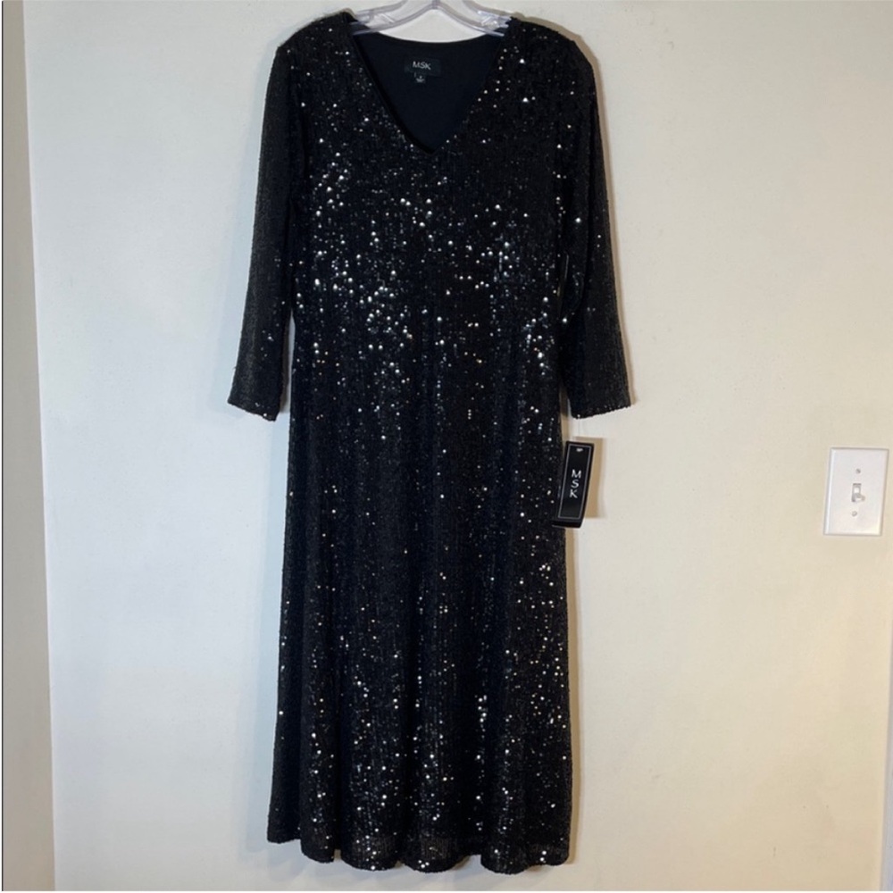 MSK Black Sequin A-Line Midi Dress. Small. NWT. - Picture 2 of 14